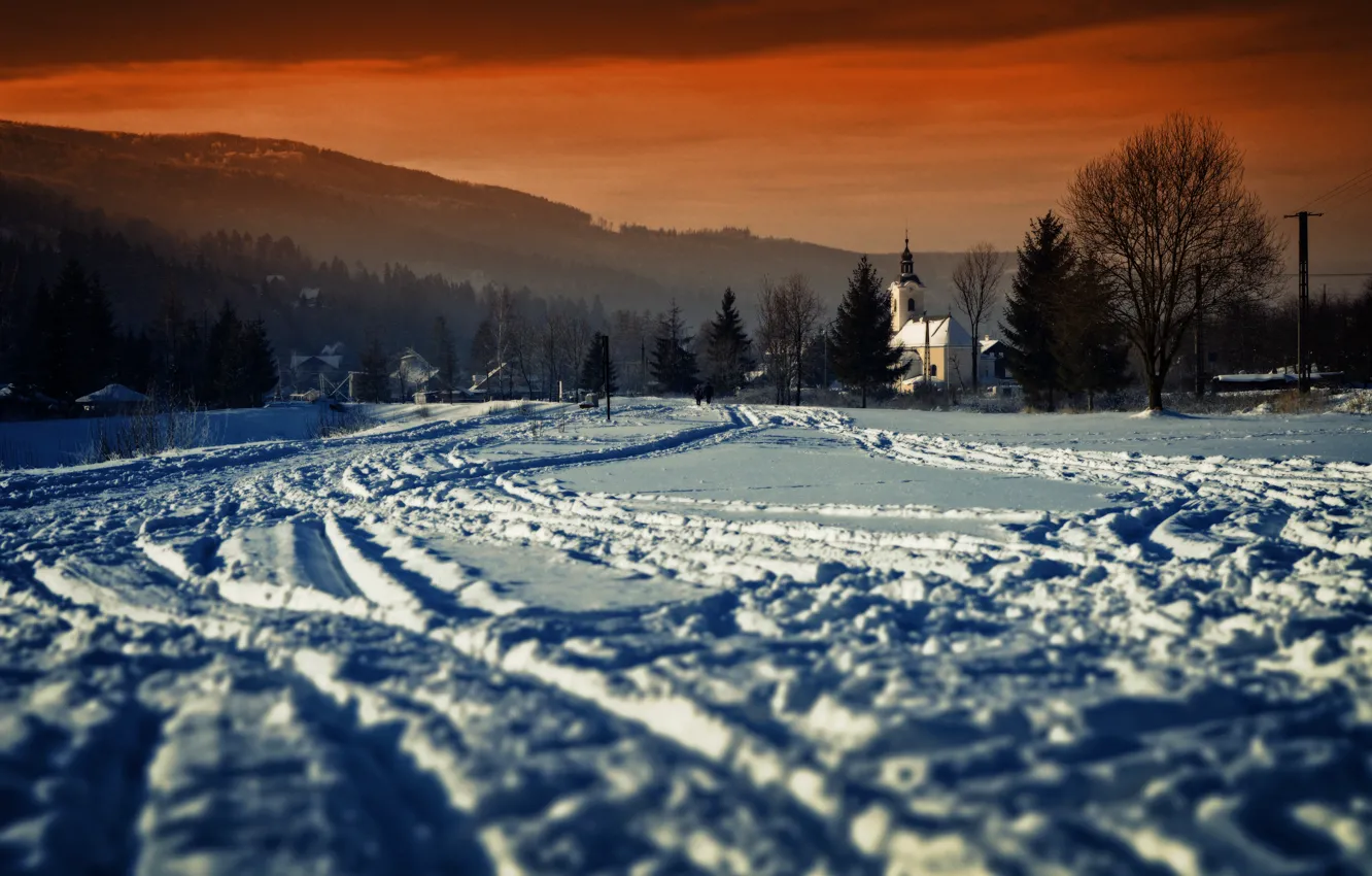 Photo wallpaper winter, snow, Poland, Church, Polish winter
