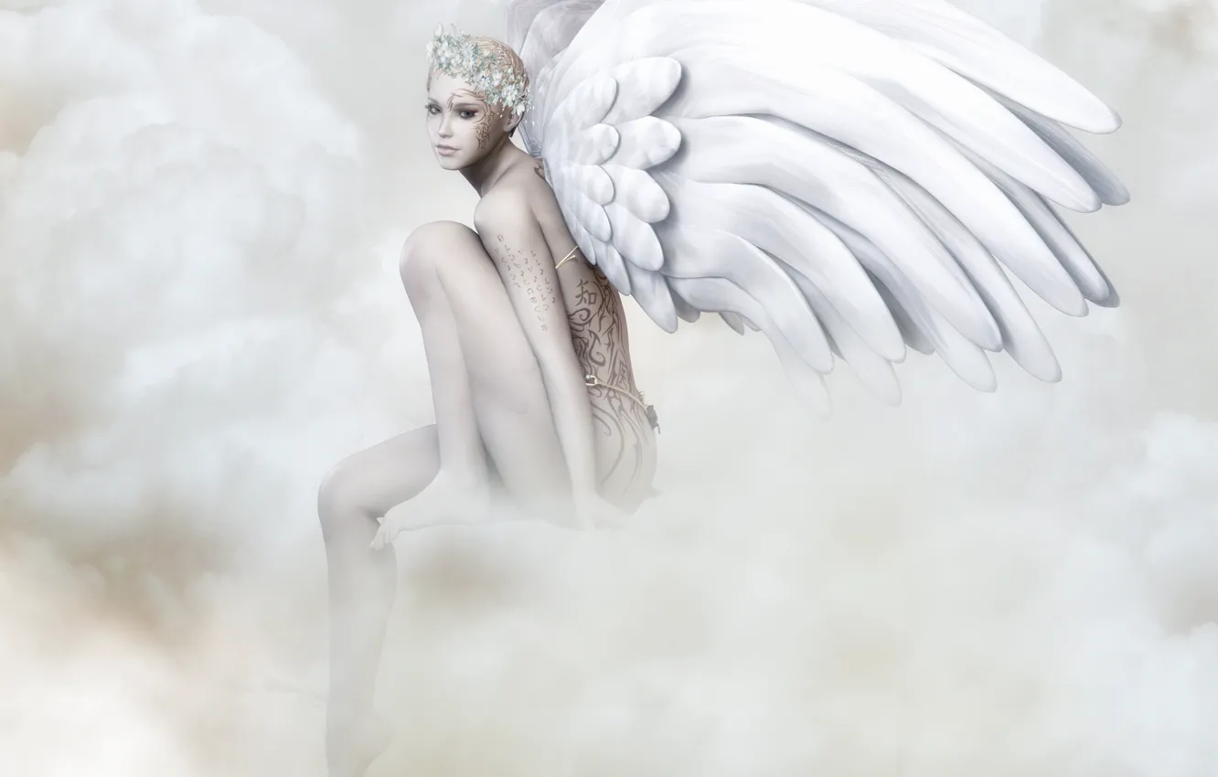 Photo wallpaper look, face, pose, rendering, patterns, wings, angel