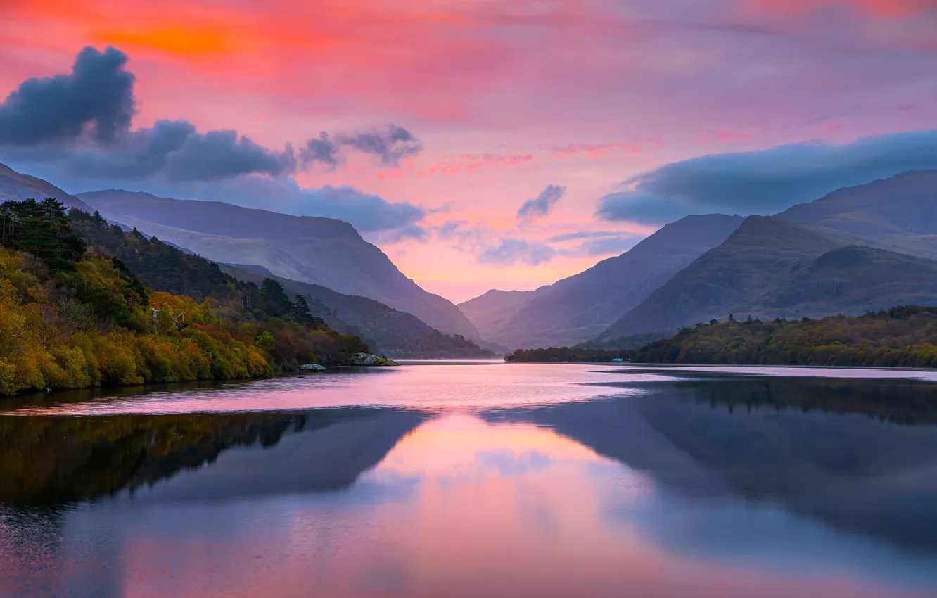 Photo wallpaper the sky, mountains, trees, forest, Robert Evans, river, clouds, sunset