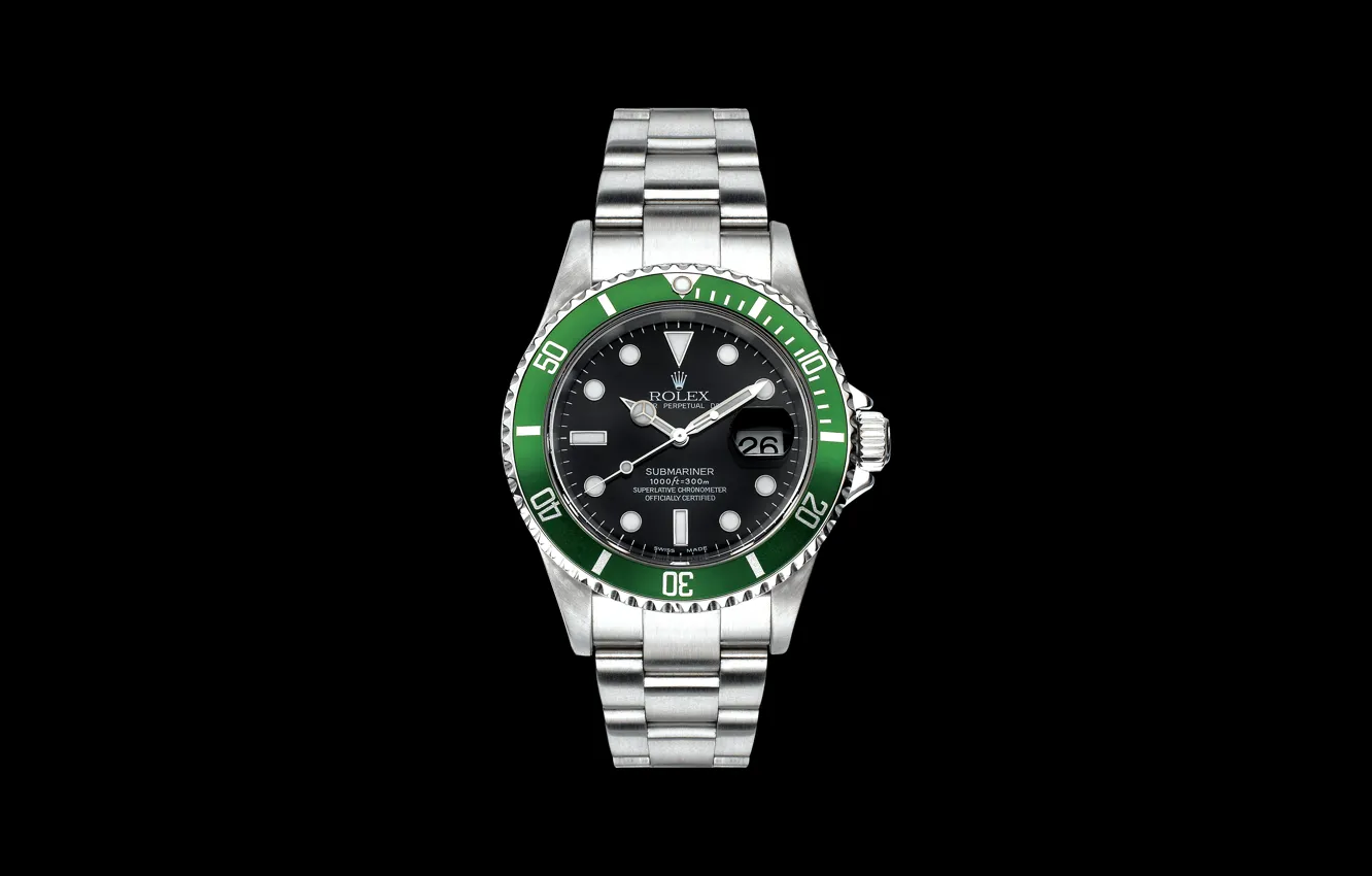 Photo wallpaper green, Hulk, black background, watch, clock, steel, Rolex, Submariner