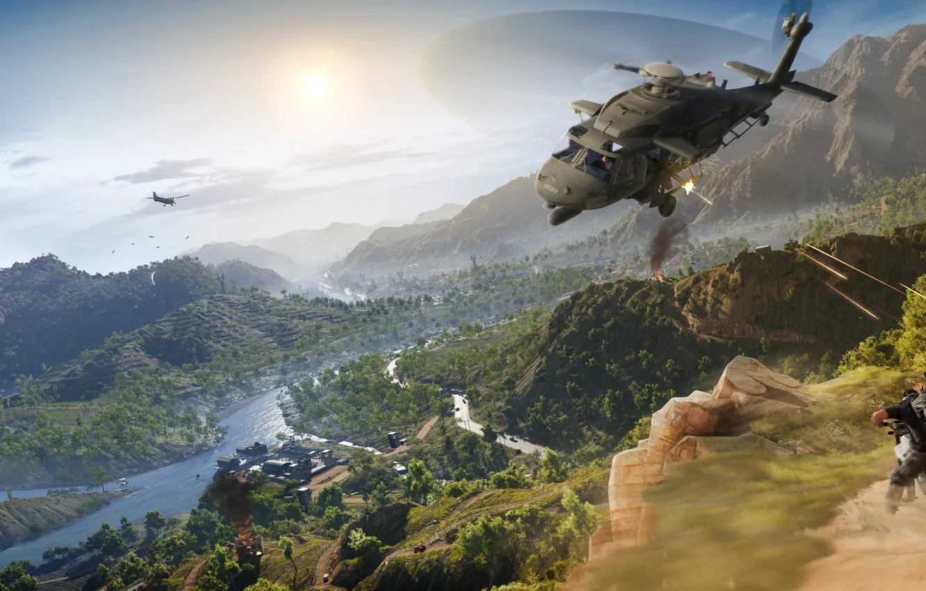 Photo wallpaper Mountains, Soldiers, Ubisoft, Helicopter, Tom Clancy's Ghost Recon Wildlands, Mercenaries