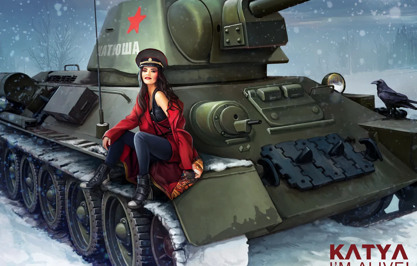 Photo wallpaper winter, girl, snowflakes, figure, art, tank, crows, USSR