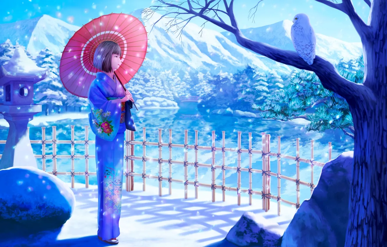 Photo wallpaper girl, snow, trees, mountains, lake, pond, owl, bird