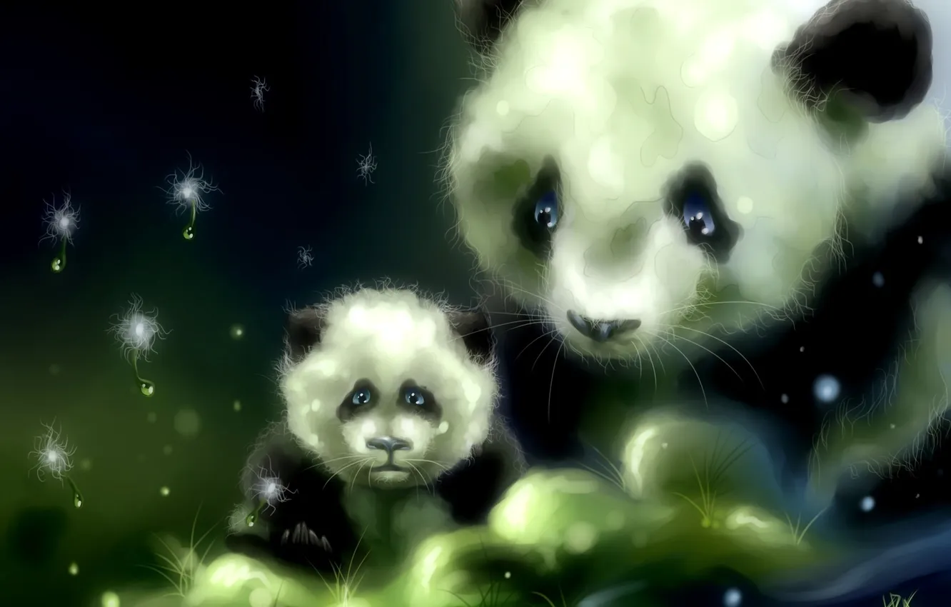Photo wallpaper grass, dandelion, bear, art, sparks, Panda, cub