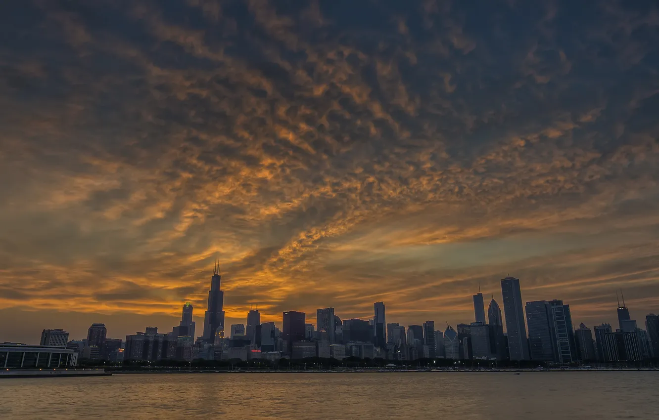 Photo wallpaper city, the city, the evening, USA, Chicago, Illinois, panorama