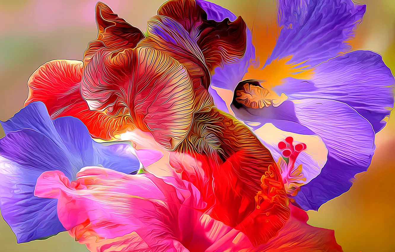 Photo wallpaper line, flowers, paint, petals