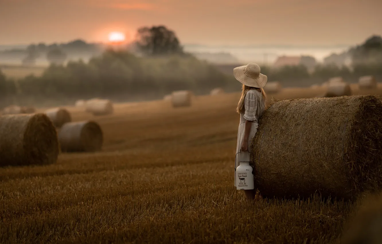 Photo wallpaper sunset, fog, hay, girl