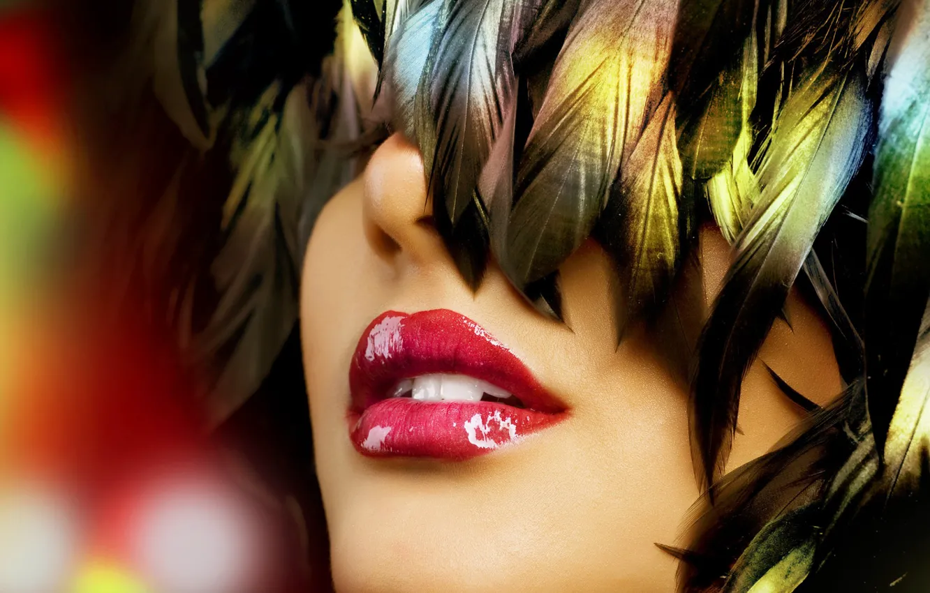 Photo wallpaper girl, face, feathers, lipstick, lips