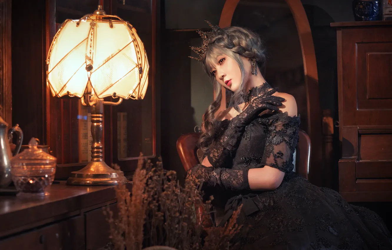 Photo wallpaper look, girl, light, pose, style, the dark background, table, room