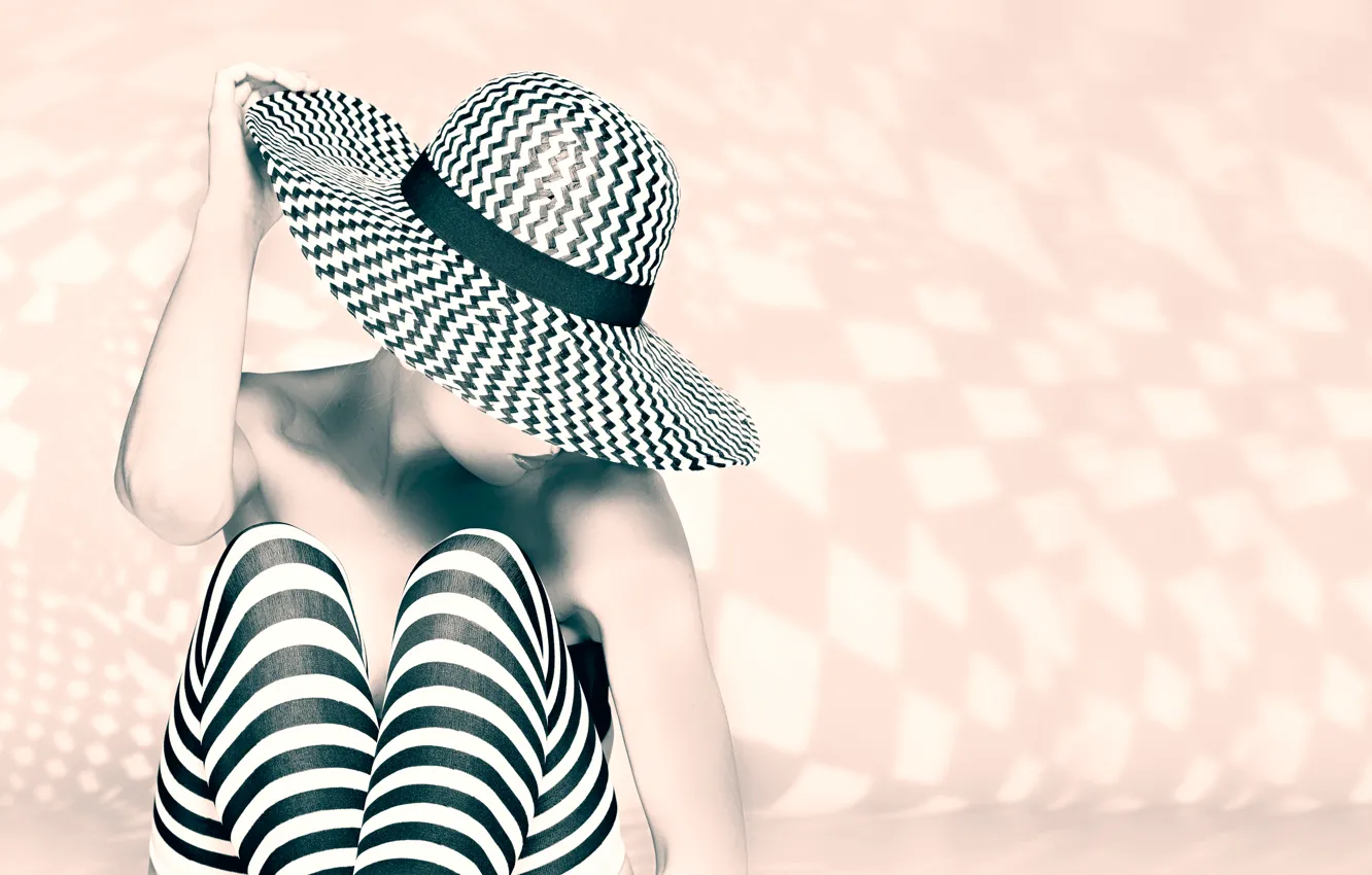 Photo wallpaper girl, strips, stockings, hat, legs