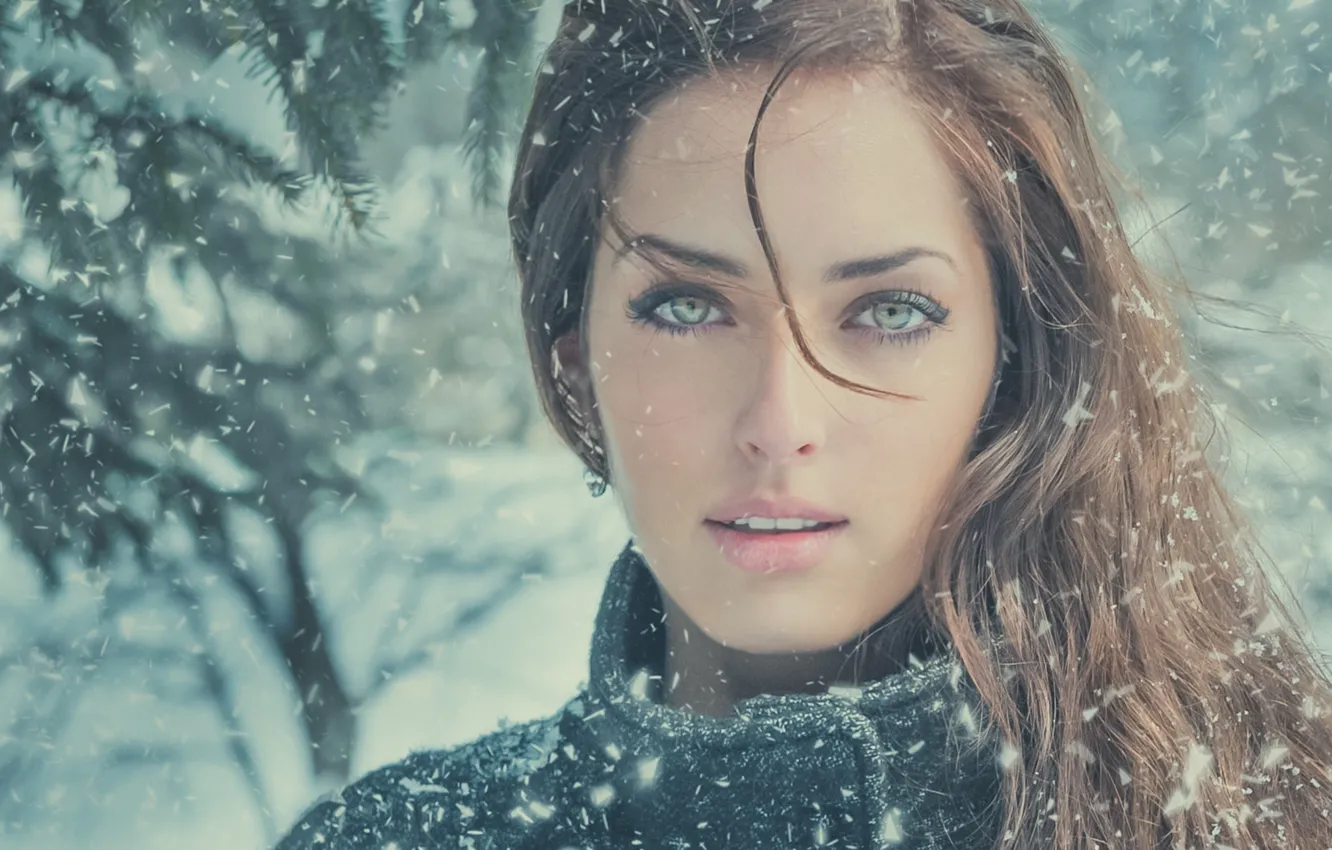 Photo wallpaper winter, eyes, look, girl, snow, hair, portrait, lips