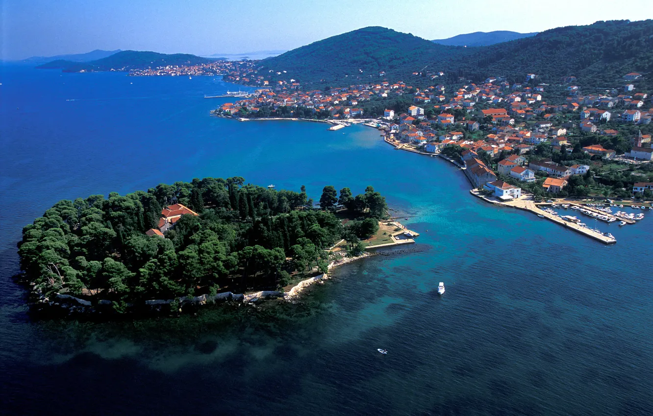 Photo wallpaper sea, the city, coast, home, boats, Croatia, piers, Jadran