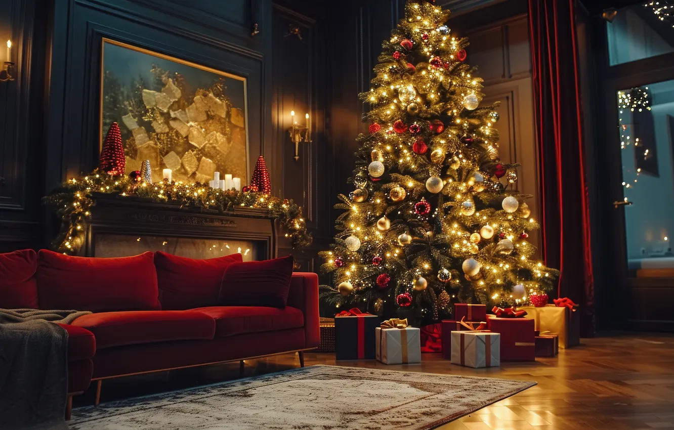 Photo wallpaper balls, light, lights, room, sofa, gift, new year, interior