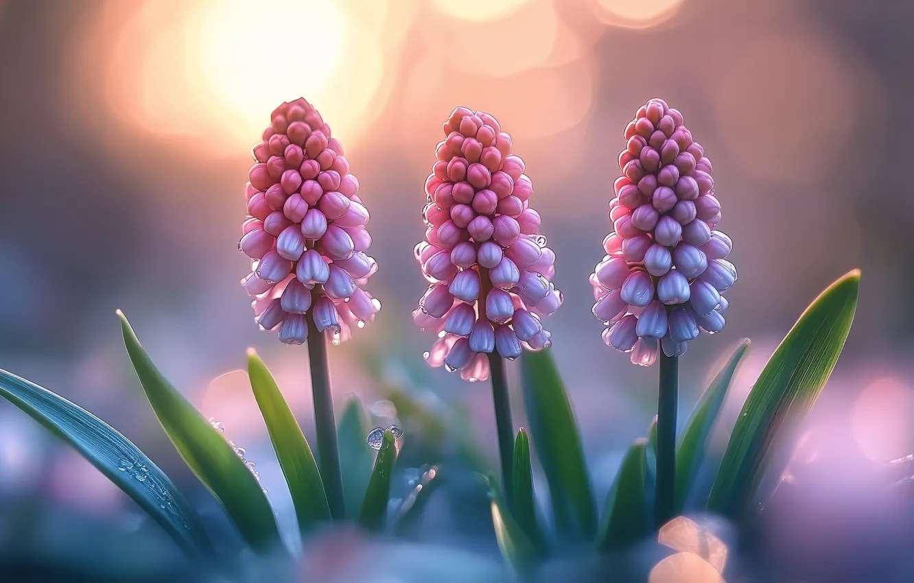 Photo wallpaper the sun, flowers, bouquet, spring, morning, pink, trio, Muscari