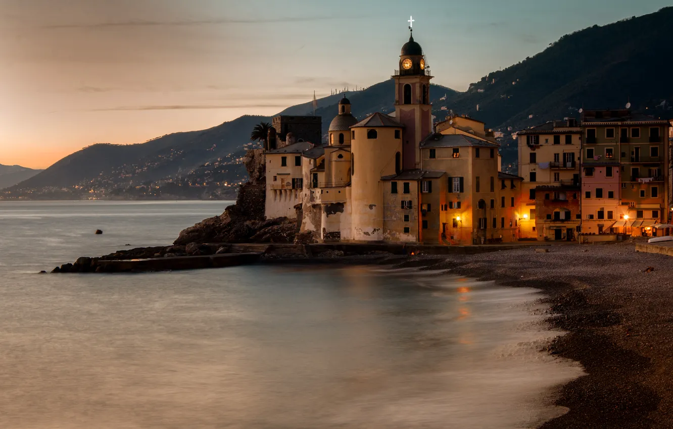 Photo wallpaper sea, sunset, mountains, lights, coast, the evening, Italy, Church