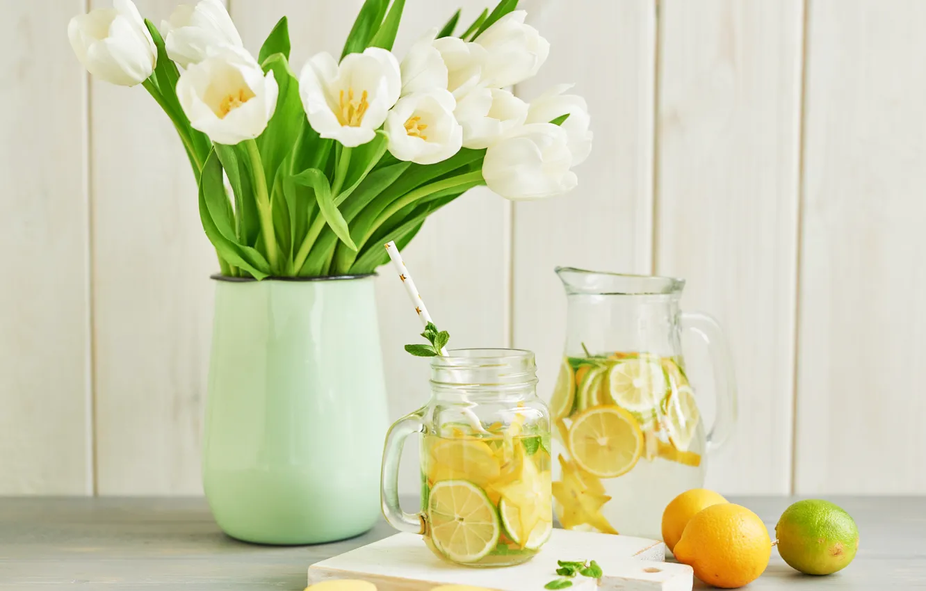 Photo wallpaper bouquet, tulips, citrus, drink, pitcher, lemonade, Yarovoy Aleksandr