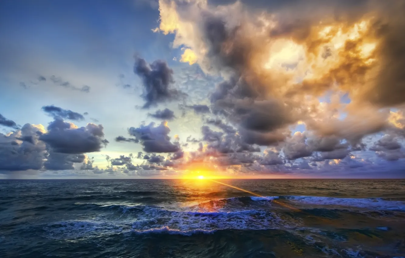 Photo wallpaper sea, wave, the sky, sunset