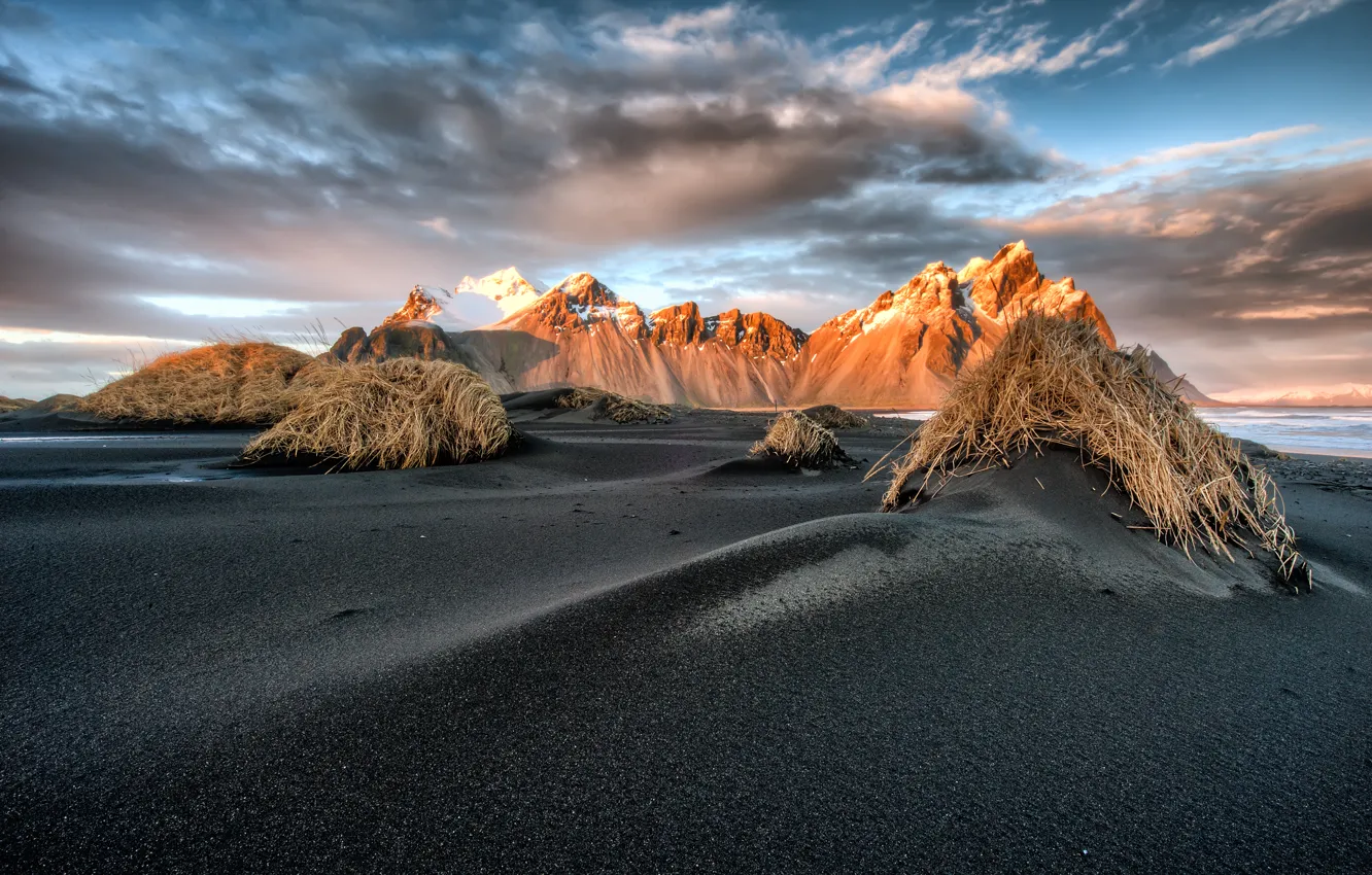 Photo wallpaper the sky, clouds, mountains, Iceland, Mount Vesturhorn