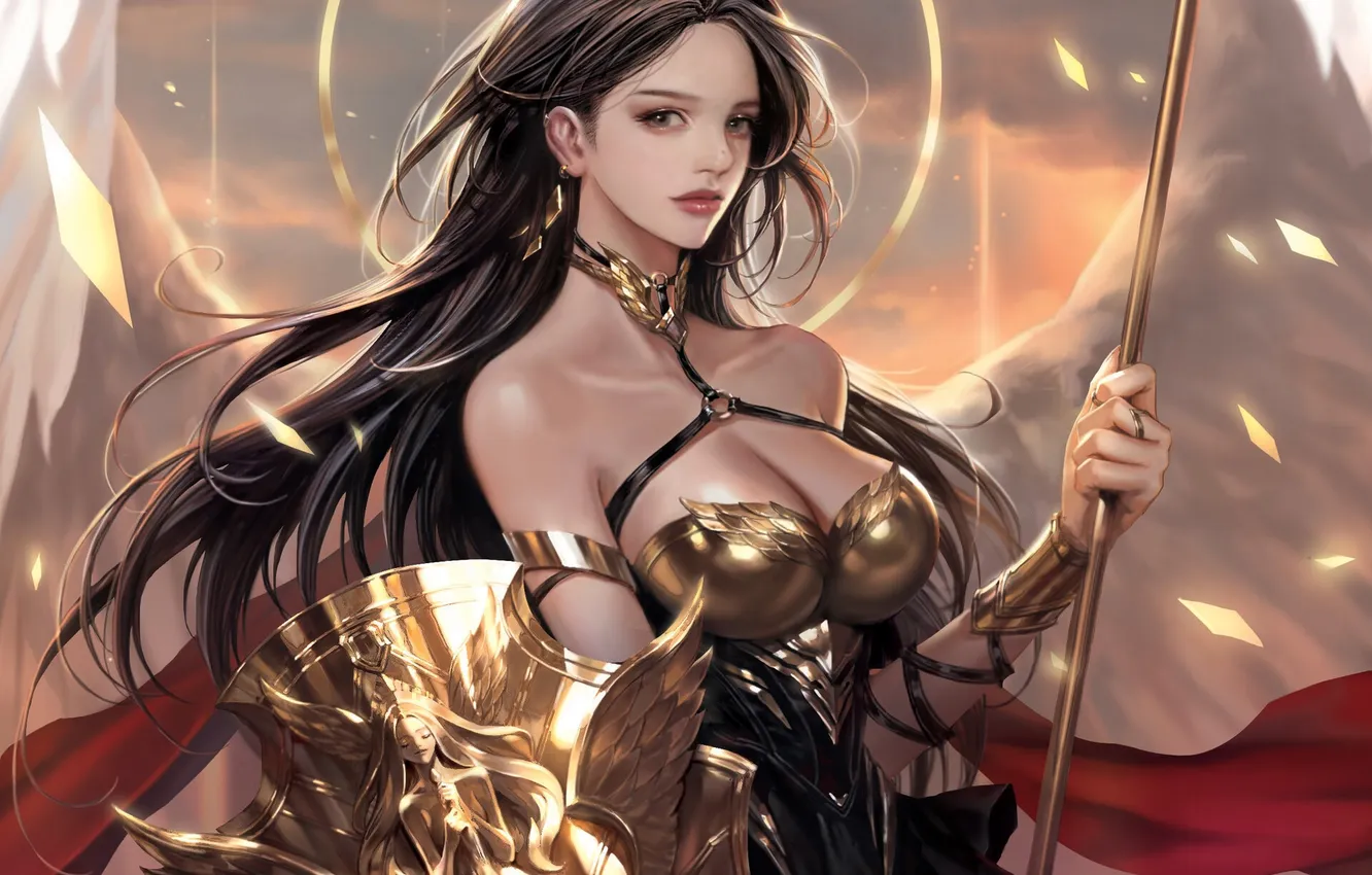 Photo wallpaper girl, fantasy, cleavage, armor, wings, angel, brunette, digital art
