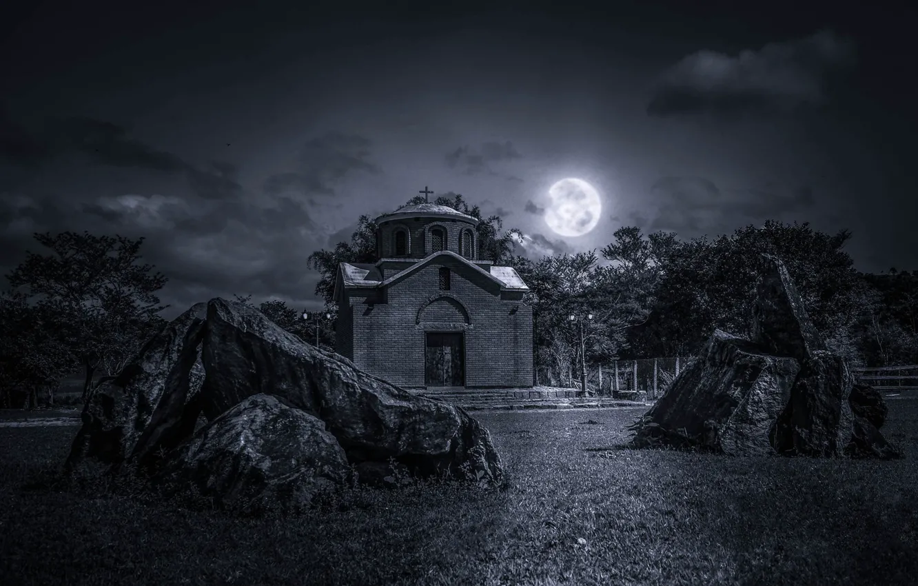 Photo wallpaper the sky, grass, clouds, night, stones, the moon, Church, the full moon