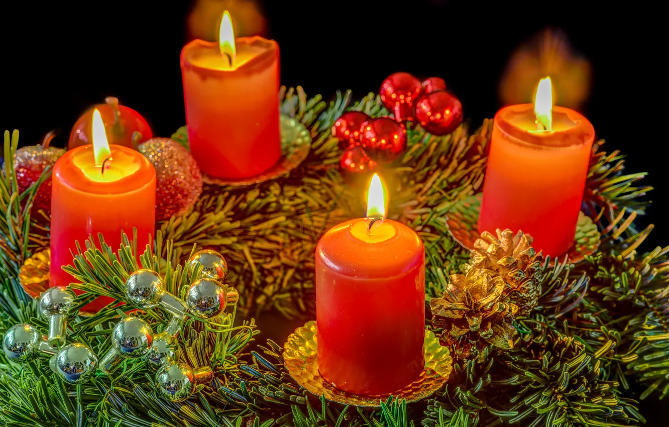 Photo wallpaper branches, red, lights, holiday, balls, toy, new year, candles