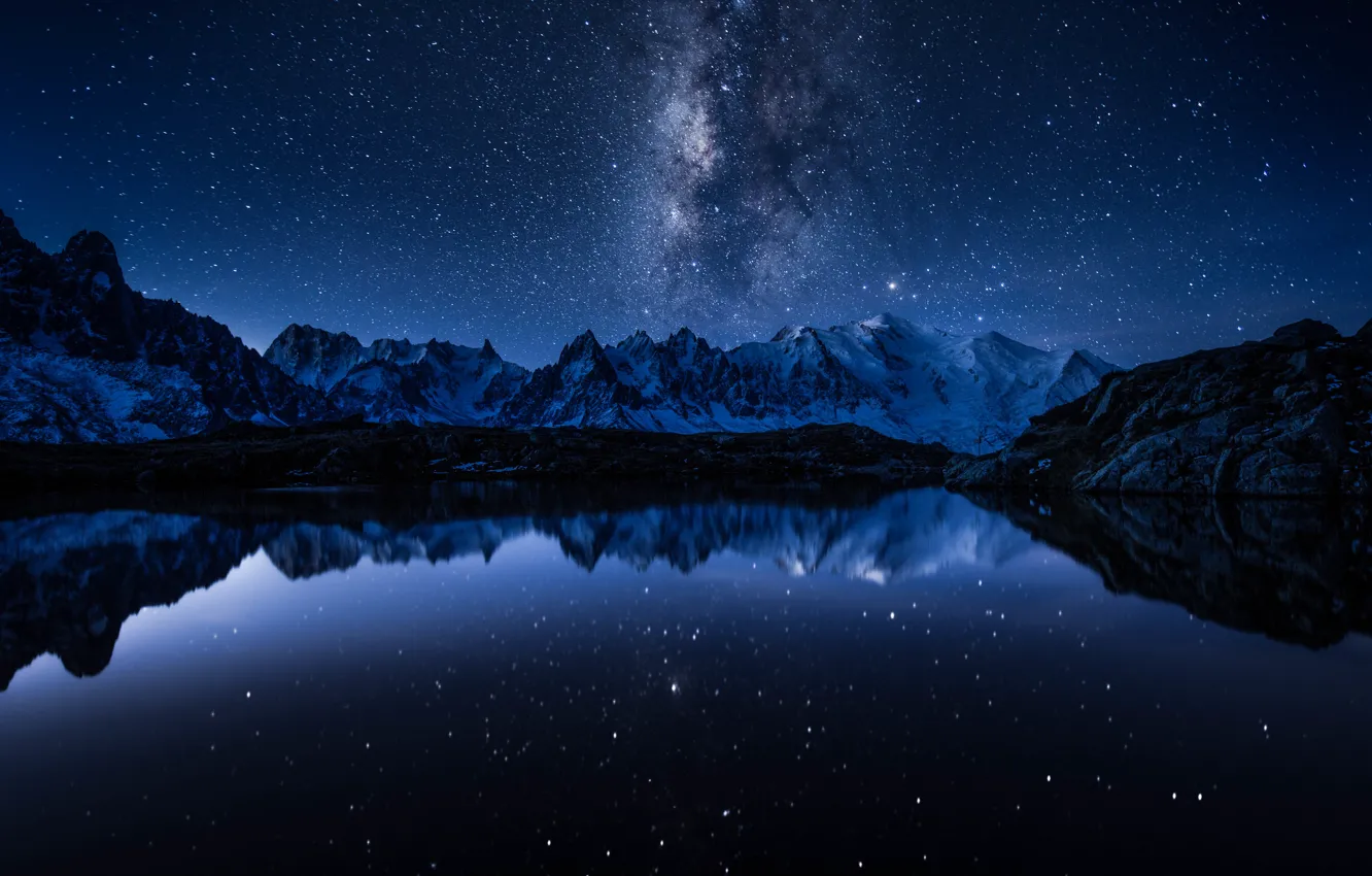 Photo wallpaper space, stars, mountains, lake, reflection, mirror, The Milky Way