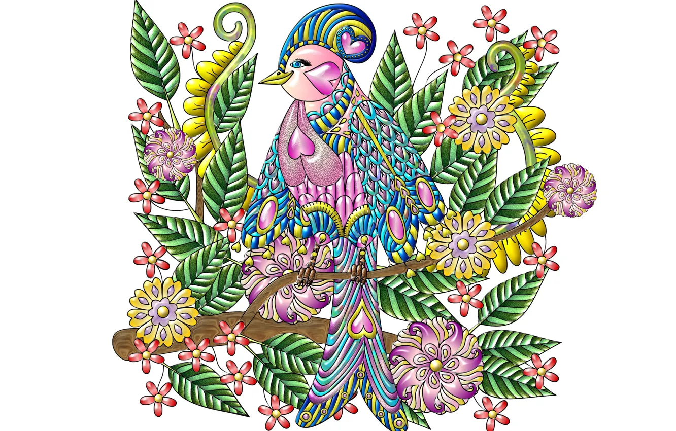 Photo wallpaper flowers, bird, pattern