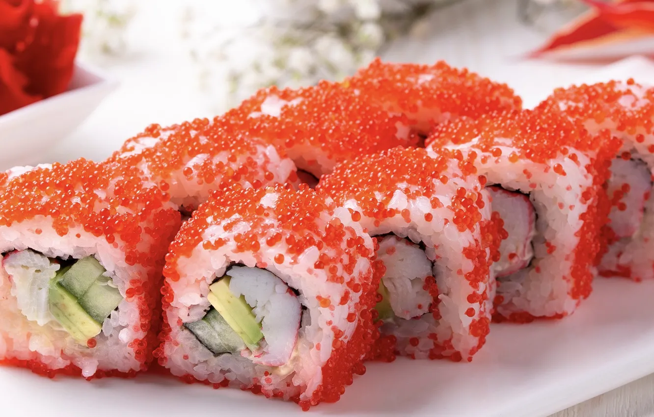 Photo wallpaper figure, caviar, sushi, rolls, filling