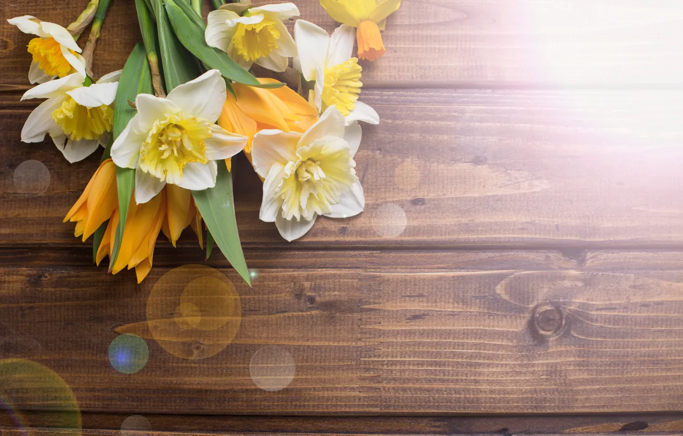 Photo wallpaper flowers, bouquet, spring, tulips, wood, flowers, tulips, daffodils