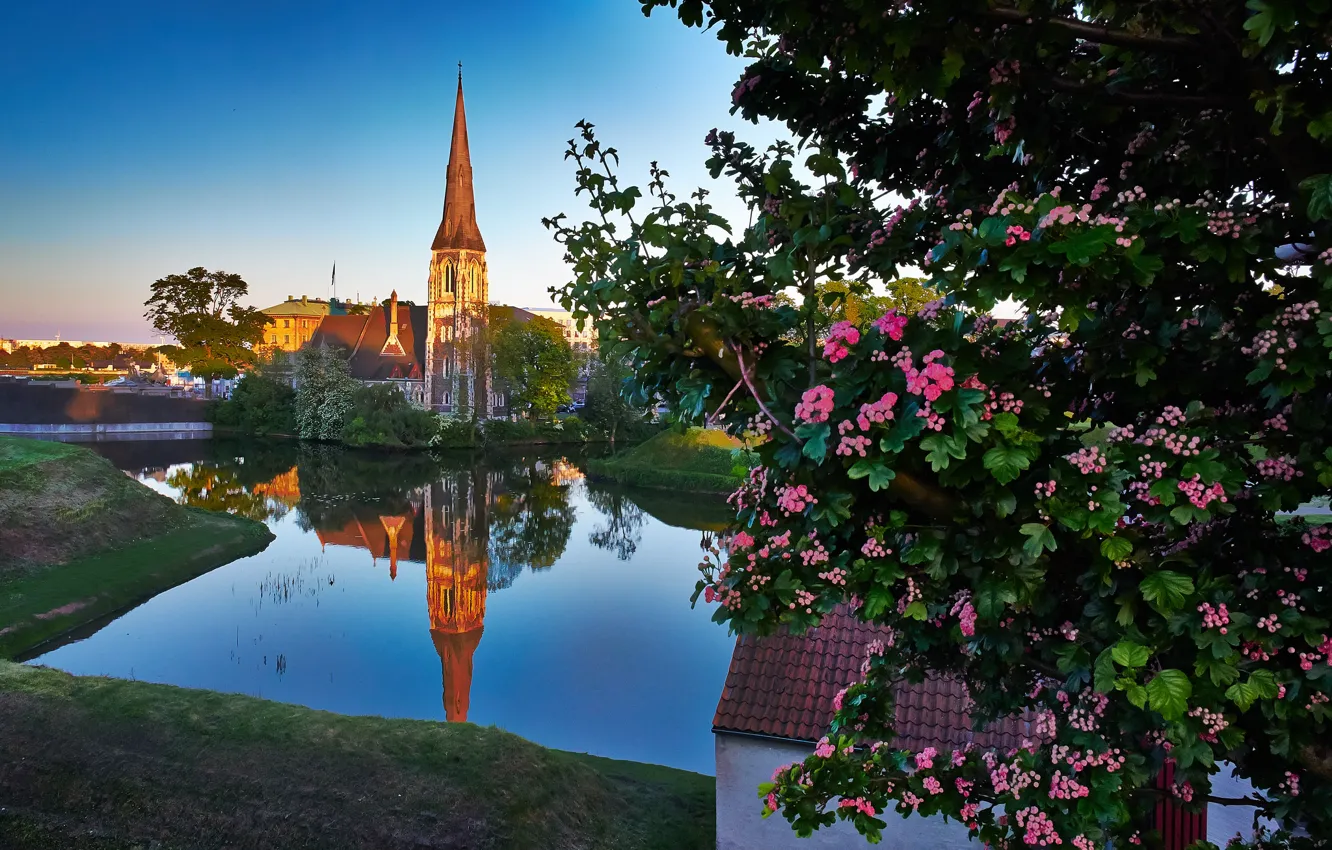 Photo wallpaper landscape, reflection, river, tree, Denmark, Church, Denmark, Copenhagen