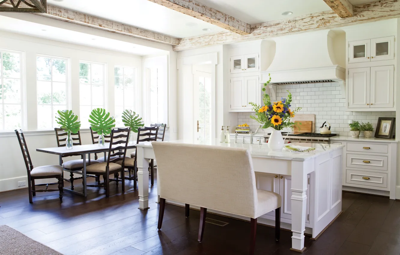 Photo wallpaper interior, dining room, bright kitchen