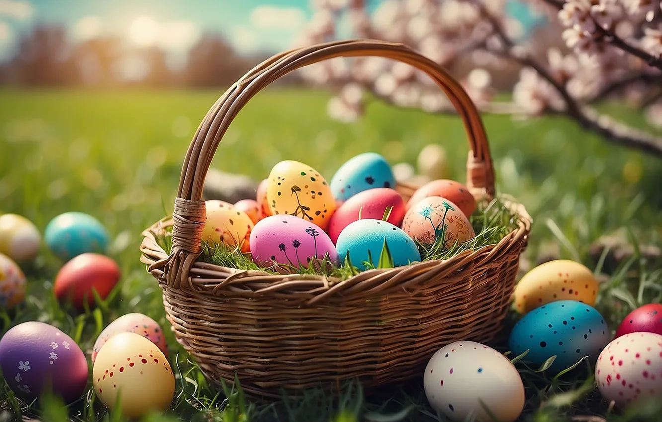 Photo wallpaper flowers, eggs, spring, colorful, Easter, flowers, spring, Easter