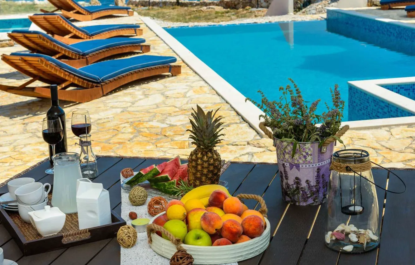 Photo wallpaper wine, lemon, apples, food, watermelon, bananas, fruit, pineapple