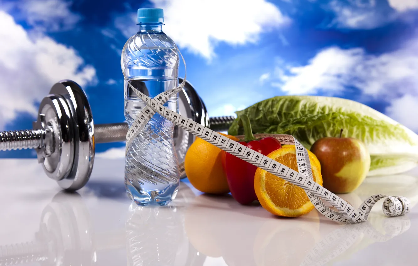 Photo wallpaper the sky, water, clouds, reflection, blue, table, sport, apples