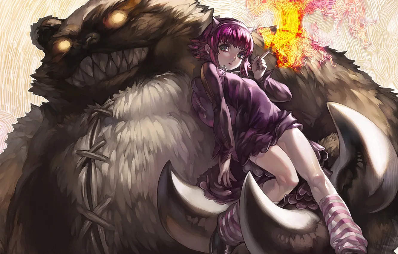 Photo wallpaper girl, lights, the game, beast, art, green eyes, League of Legends, aoin