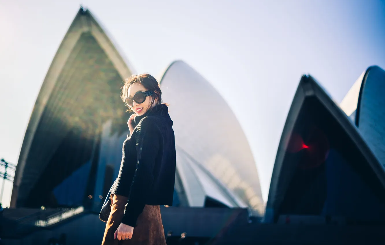 Photo wallpaper girl, the sun, hair, Australia, glasses, lips, Sydney, sweater