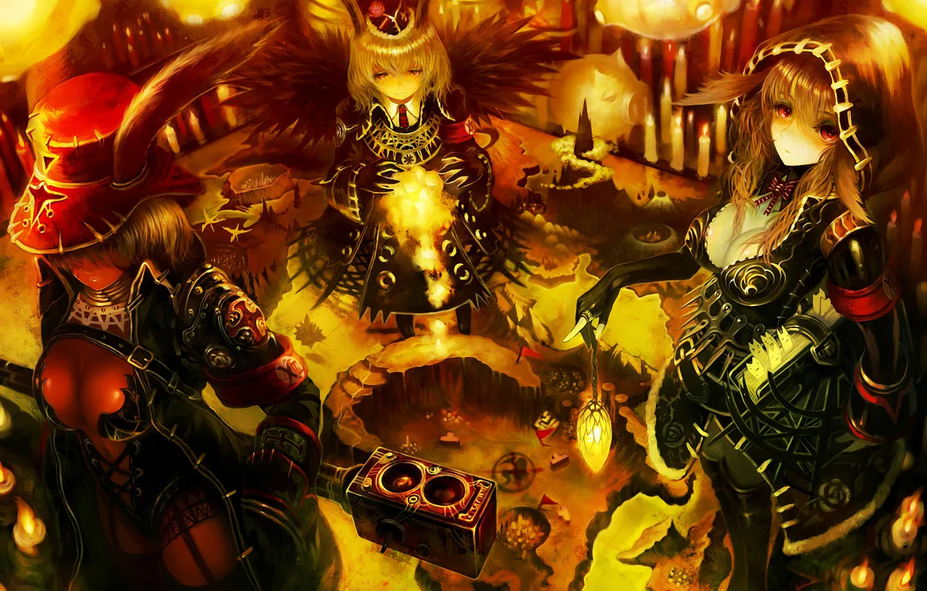 Photo wallpaper girl, magic, map, candles, costume, headband, amulet, ears