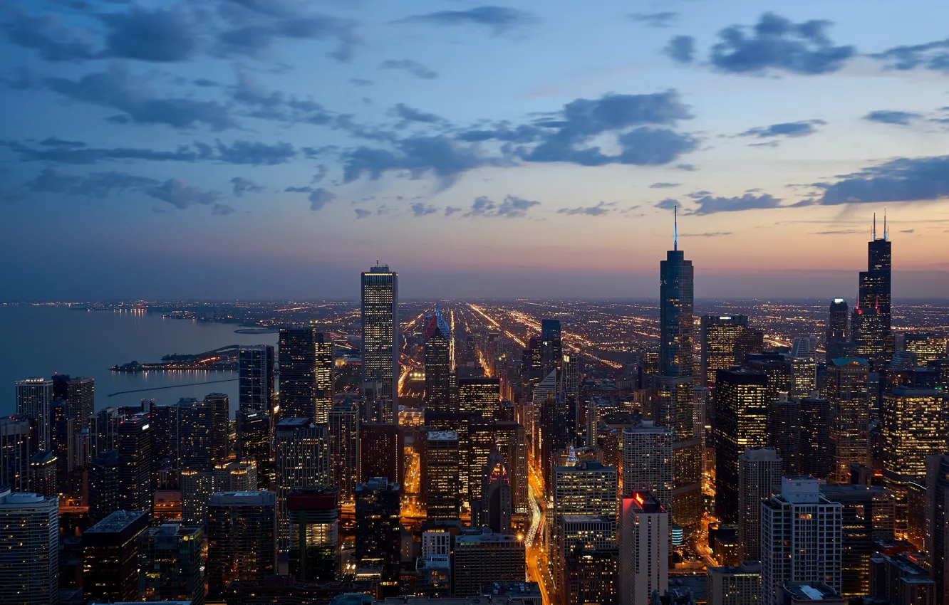 Photo wallpaper city, lights, USA, Chicago, Illinois, twilight, skyline, sky