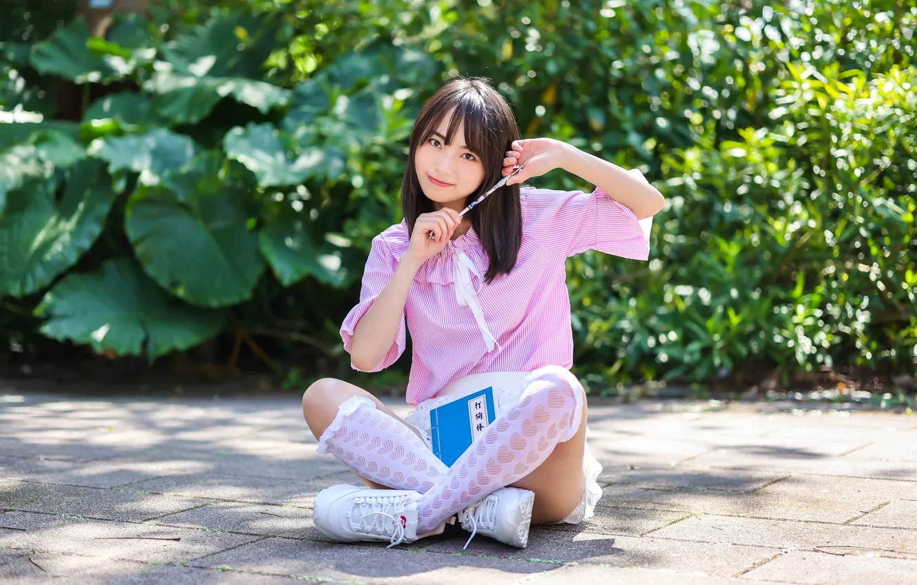 Photo wallpaper girl, blouse, legs, Asian, sitting, Golf