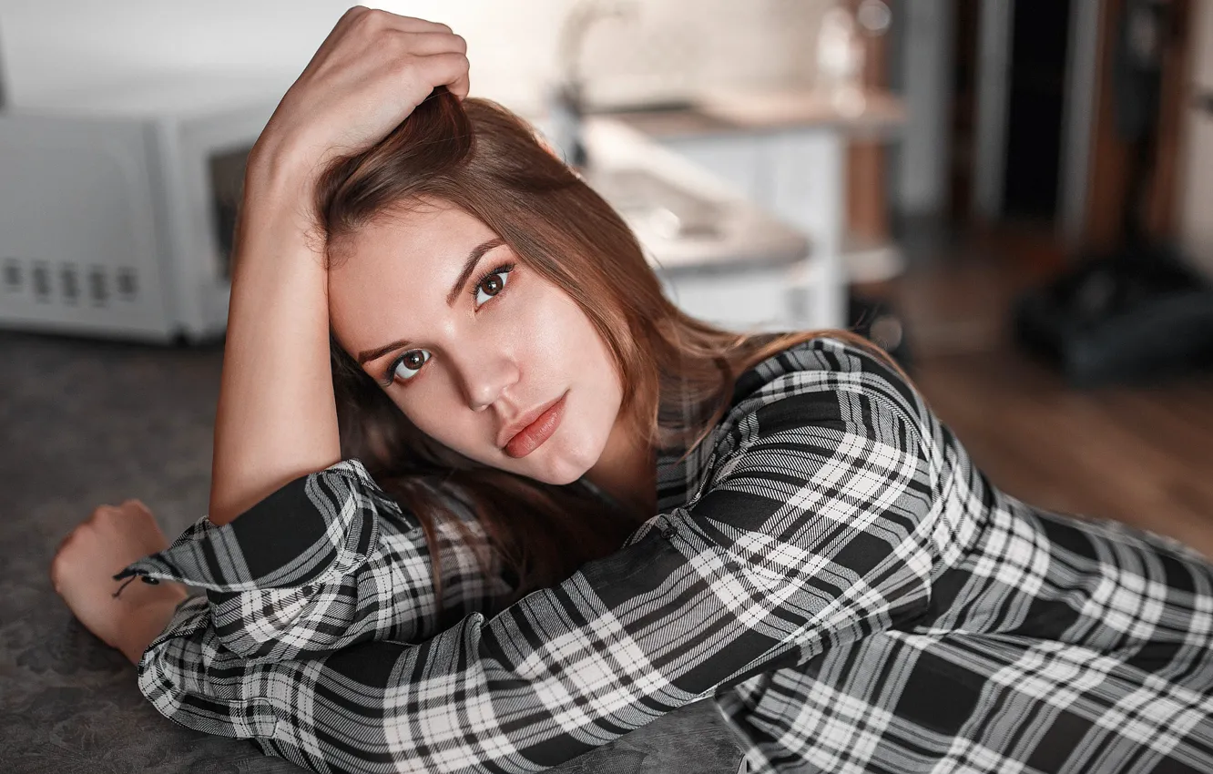 Photo wallpaper look, girl, pose, portrait, makeup, hairstyle, shirt, brown hair