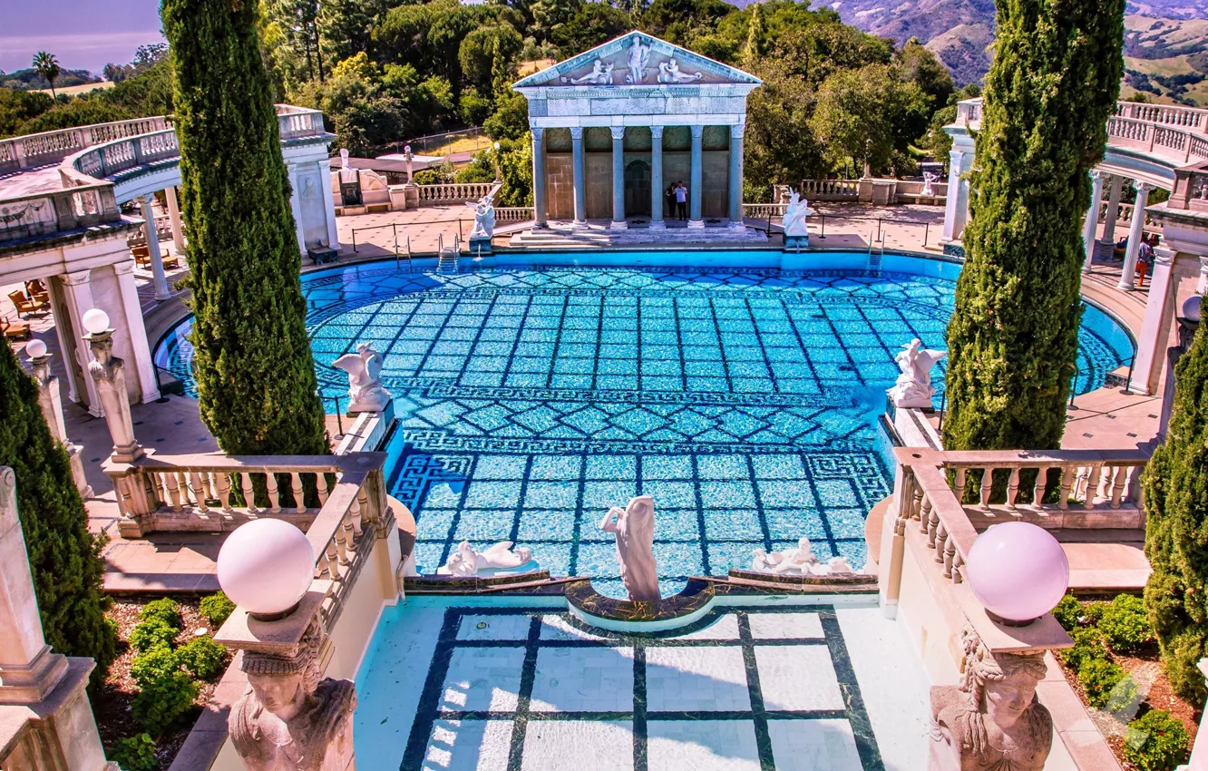 Photo wallpaper water, CA, columns, USA, architecture, Hearst Castle, San Simeon, the pool of Neptune