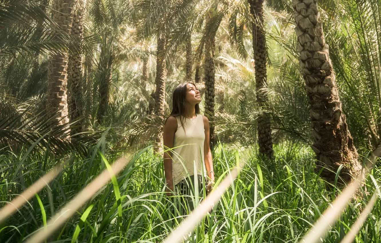 Photo wallpaper grass, girl, nature, palm trees, nature, Abu Dhabi, Abu Dhabi, palms