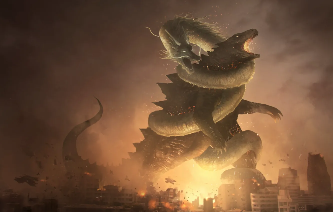 Photo wallpaper Figure, The city, Dragon, Fire, Battle, Destruction, Dragon, Godzilla