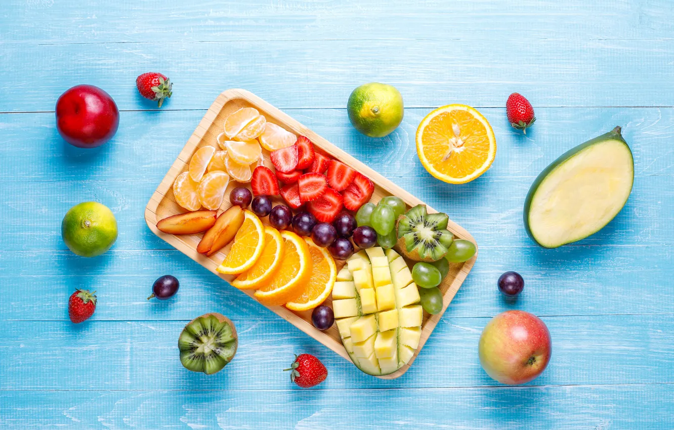 Photo wallpaper berries, apples, kiwi, strawberry, grapes, fruit, mango, tangerines