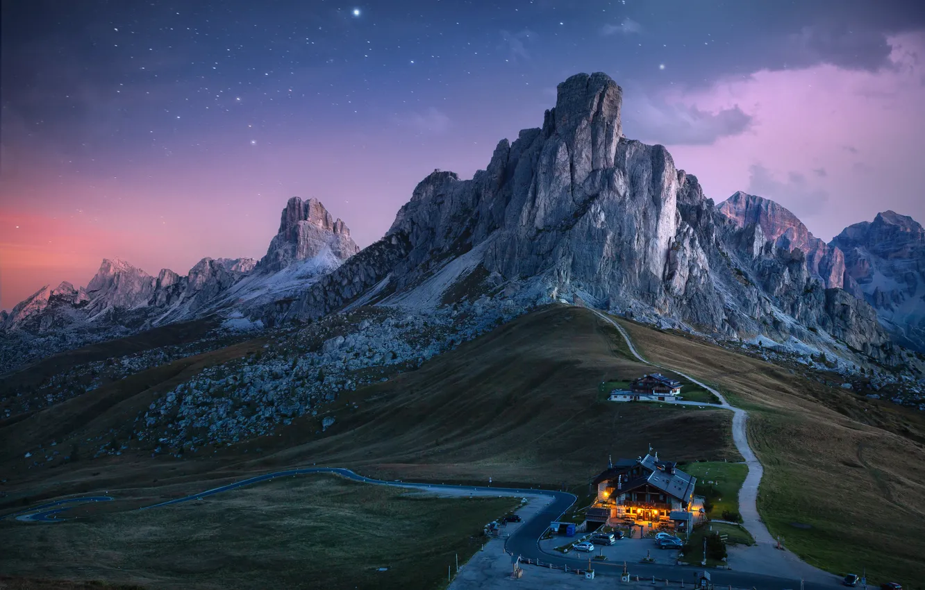 Photo wallpaper road, mountains, rocks, slope, house, The Dolomites