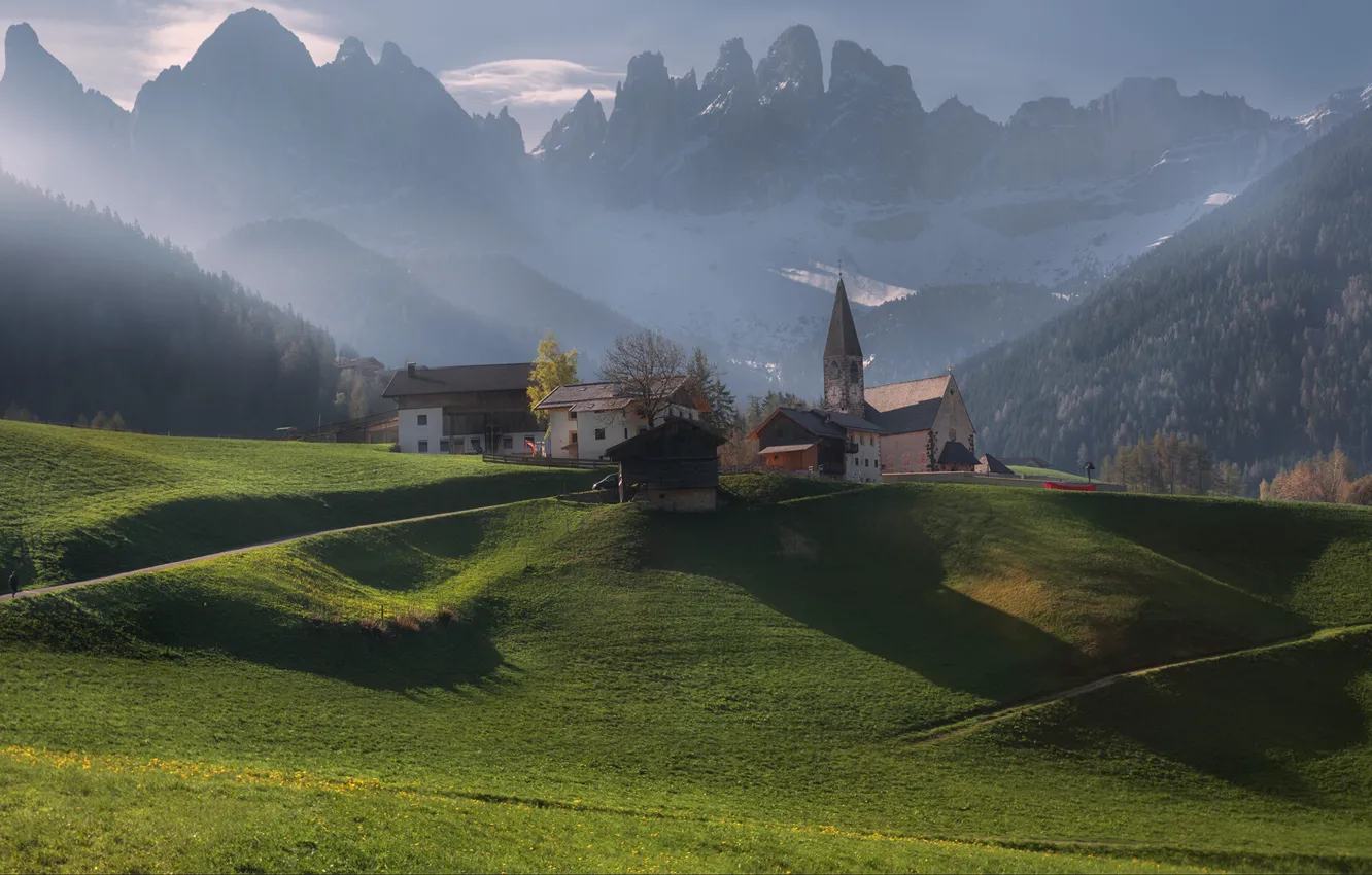 Photo wallpaper landscape, mountains, nature, fog, home, morning, Italy, Church