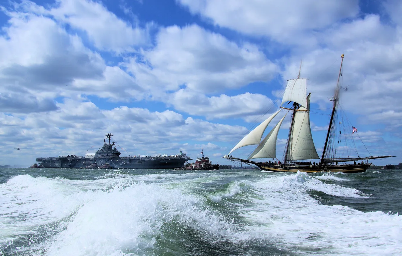 Photo wallpaper sea, the sky, clouds, sailboat, ships, the carrier, tugs