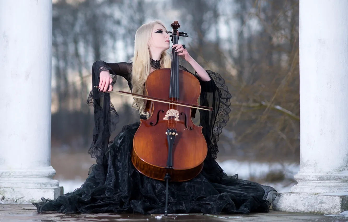 Photo wallpaper winter, violin, blonde, black dress, Maria Amanda, Stock, Winters Melody