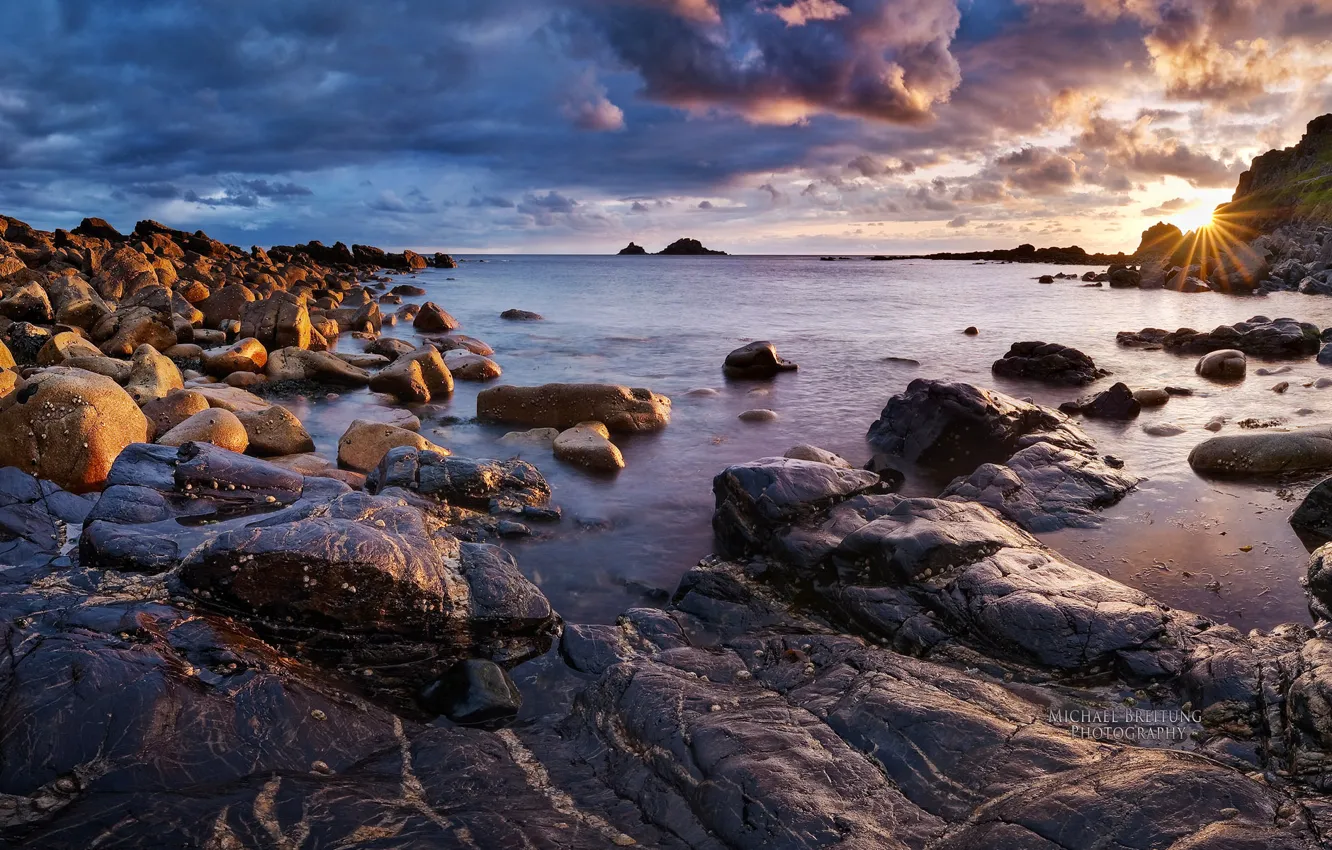 Photo wallpaper sea, the sky, the sun, clouds, sunset, shore, England, Michael Breitung