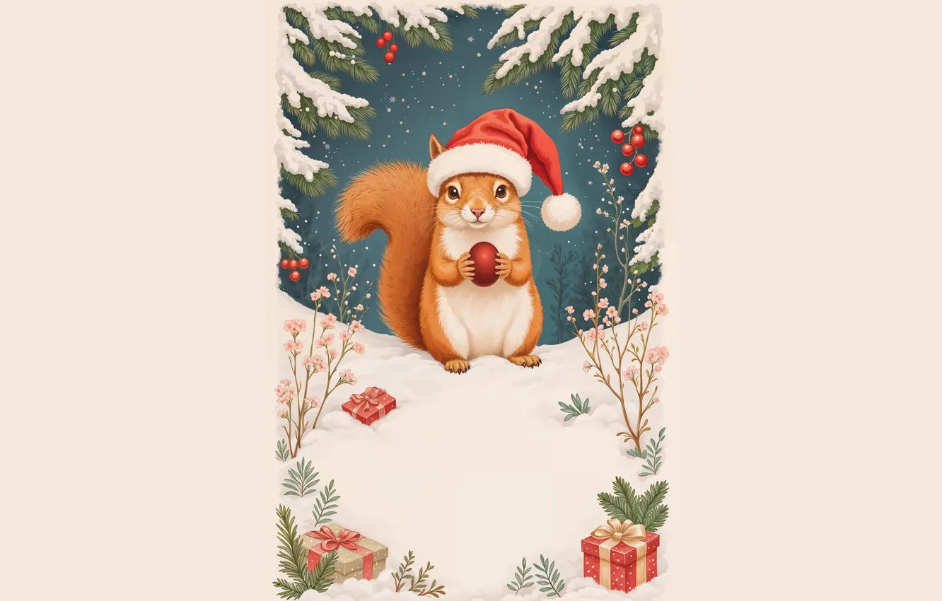 Photo wallpaper winter, look, snow, branches, gift, new year, frame, protein